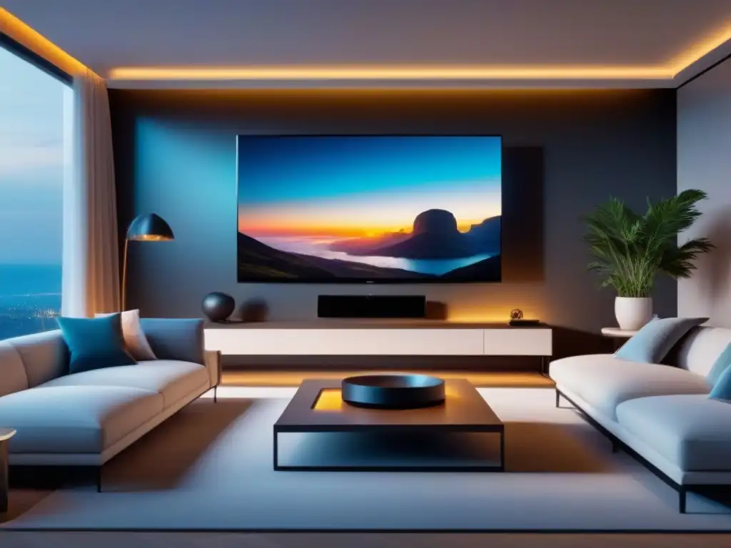 Salón de lujo inteligente: tecnología y elegancia en armonía Un salón de lujo y modernidad con tecnología smart integrada, ambiente futurista