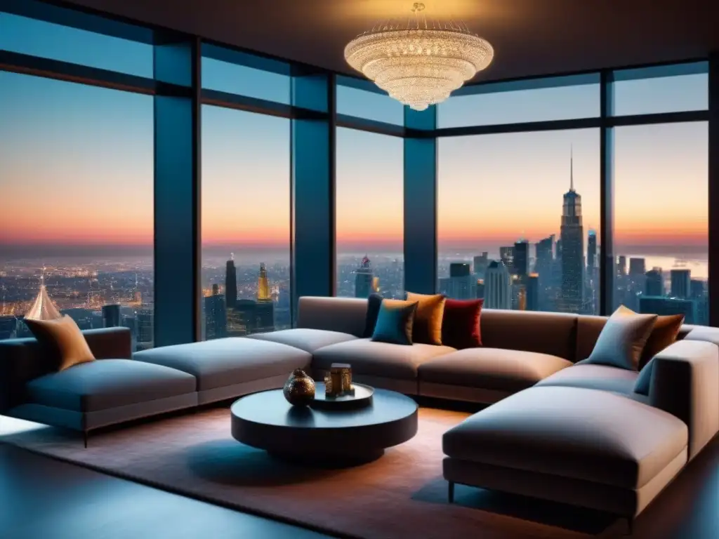 Sala de estar moderna de lujo con vistas nocturnas de la ciudad Salón de lujo moderno con mobiliario minimalista, candelabro llamativo y vistas impresionantes de la ciudad de noche