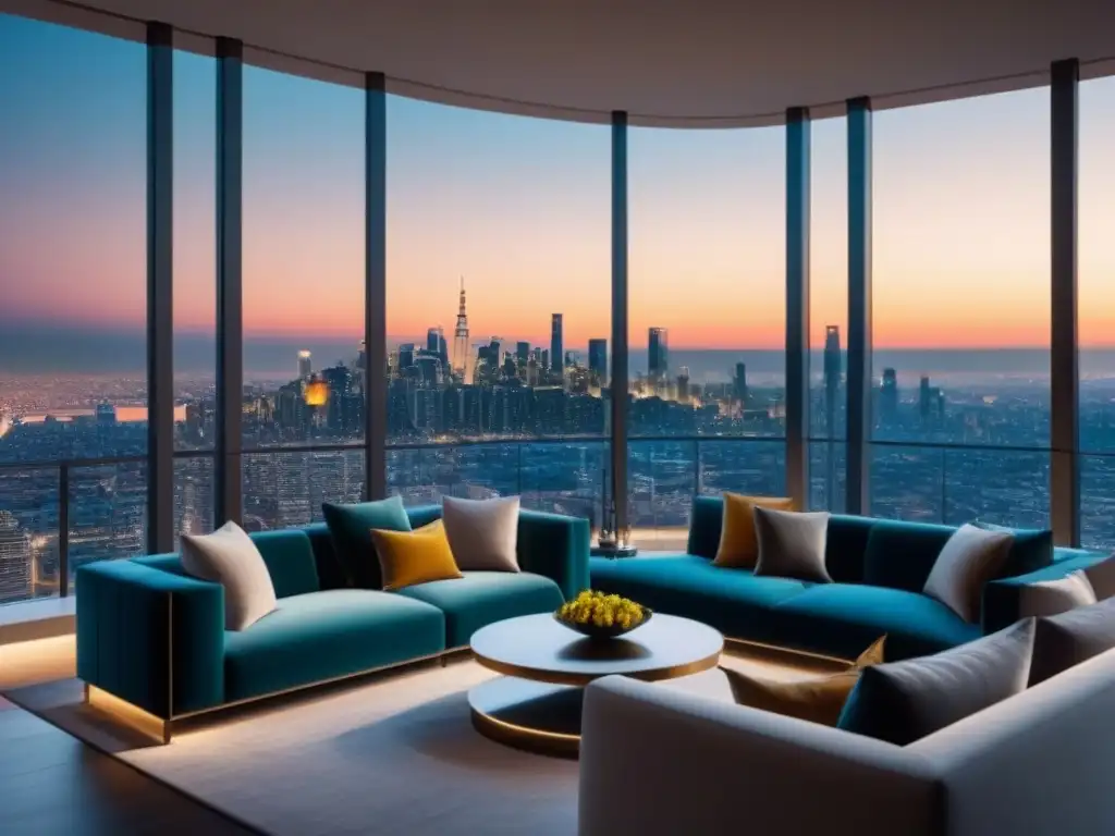Diseño de lujo: Sala moderna con vista a la ciudad al atardecer Salón de lujo moderno en propiedad exclusiva con decoración elegante y vista urbana al atardecer, Consejos expertos interiorismo propiedad lujo