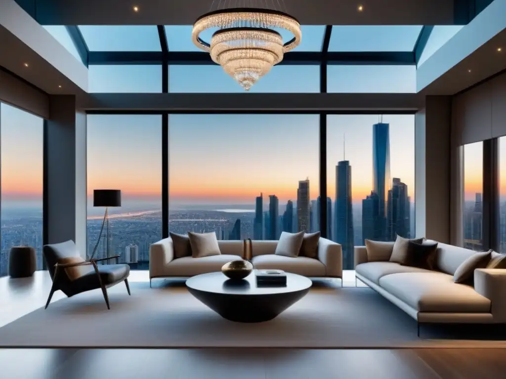 Salón de lujo: Minimalismo y elegancia en propiedad exclusiva Salón de lujo moderno en propiedad exclusiva con mobiliario minimalista, ventanales con vista a la ciudad y arte contemporáneo