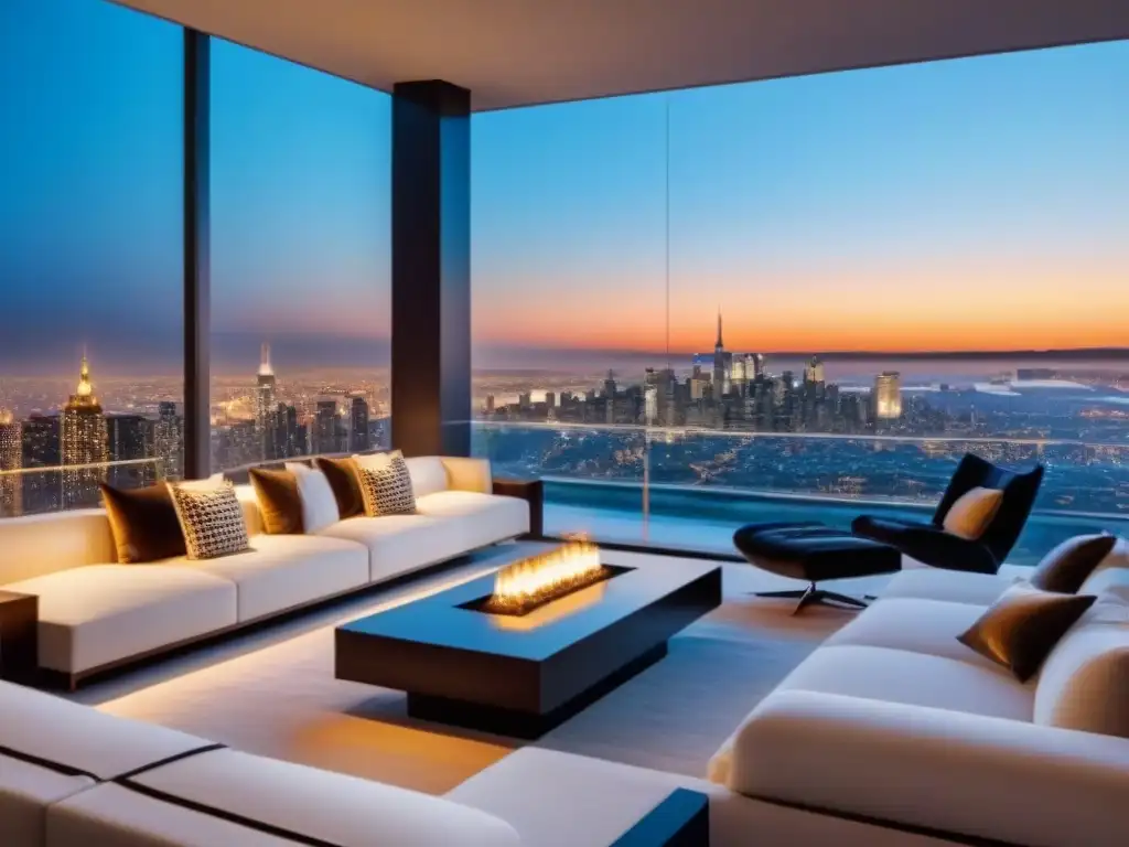 Penthouse de lujo con vista nocturna a la ciudad Salón de lujo en penthouse moderno con vista nocturna de ciudad y elegante decoración
