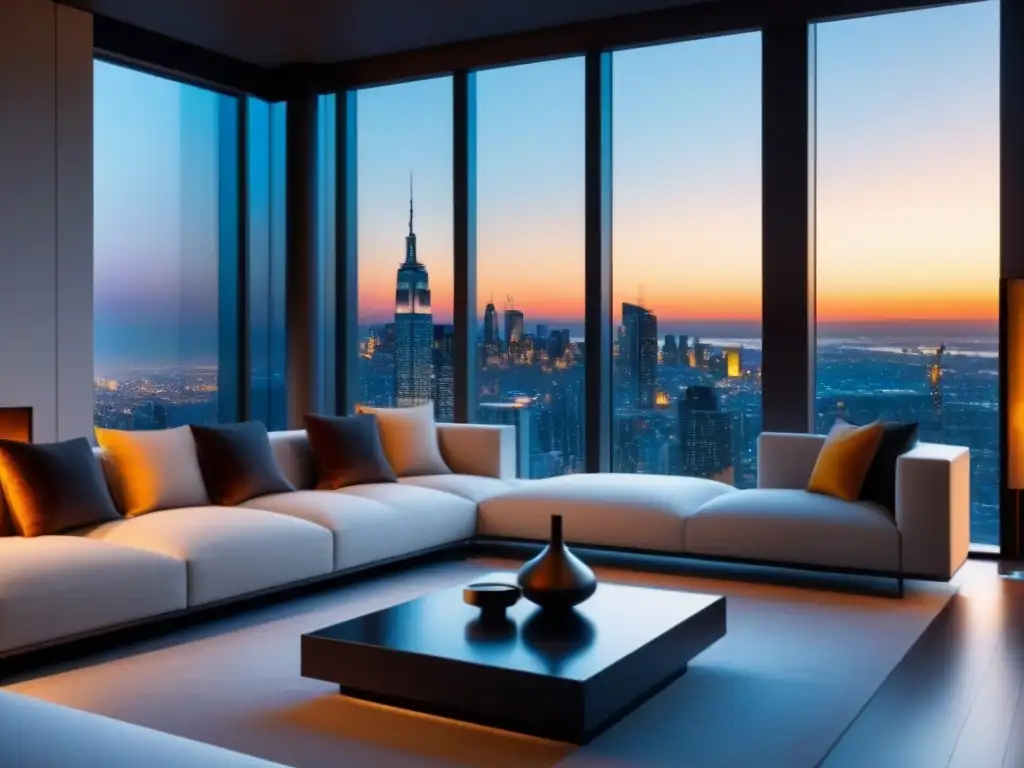Salón de lujo en penthouse con vista urbana espectacular Salón de lujo en penthouse con vista panorámica de la ciudad