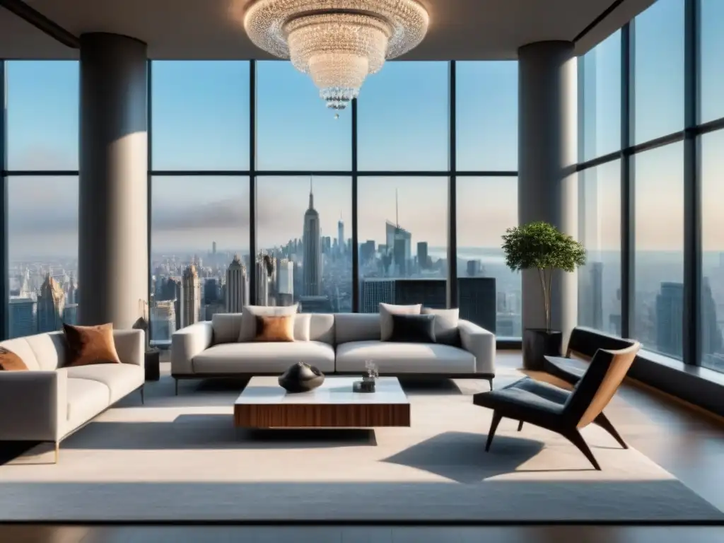 Sala de estar de lujo en penthouse con vista a la ciudad Salón de lujo en penthouse con vista a la ciudad, mobiliario moderno y opulento, estrategias venta propiedad lujo