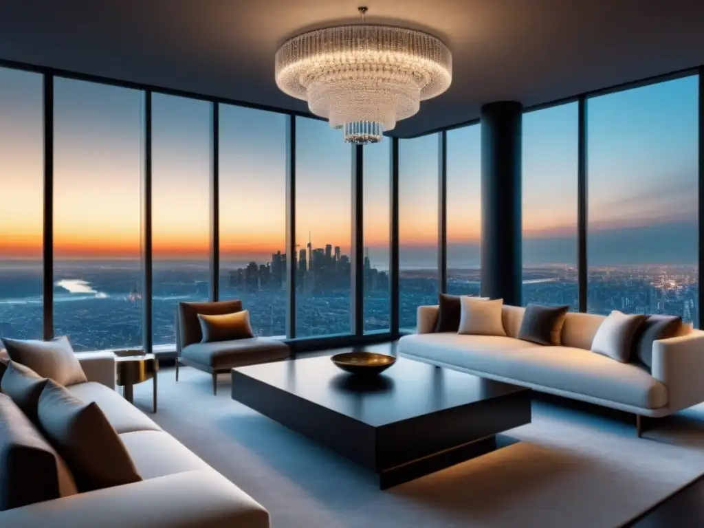 Salón de lujo en penthouse con vista panorámica nocturna de la ciudad Salón de lujo en penthouse con vistas panorámicas nocturnas de la ciudad, mobiliario elegante y sofisticado para estrategias venta propiedad lujo