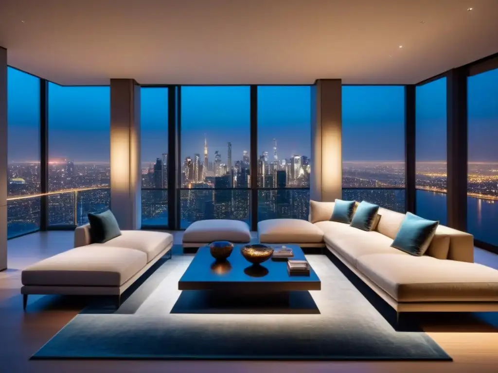 Sala de estar de lujo con vista nocturna a la ciudad Salón de lujo en propiedad exclusiva, con decoración elegante y vistas nocturnas a la ciudad