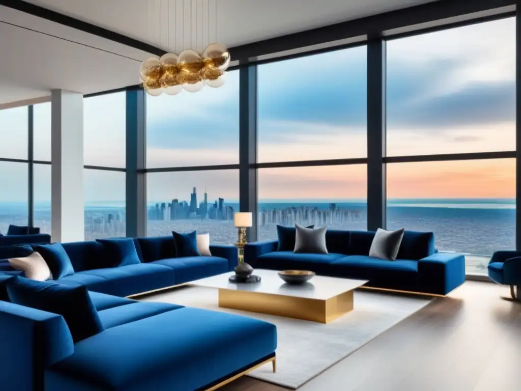 Sala de estar de lujo con vista panorámica y mobiliario contemporáneo Salón de lujo en propiedad frente al mar, con ventanales panorámicos y mobiliario elegante