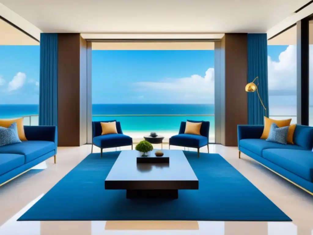 Salón de lujo en propiedad exclusiva con vista a la playa Salón de lujo en propiedad de tiempo compartido, con vista a la playa y muebles de diseñador
