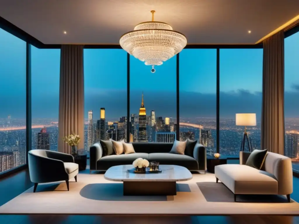 Suntuoso salón de lujo con diseño moderno y elegante Salón de lujo con sofá de terciopelo, candelabro de cristal y vista nocturna de la ciudad