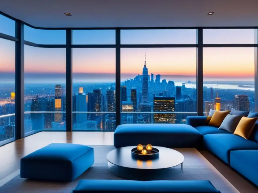 Salón de lujo inteligente con vista panorámica a la ciudad al anochecer Salón de lujo con tecnología integrada y vista panorámica de la ciudad al atardecer, ambiente elegante y moderno en propiedades de lujo