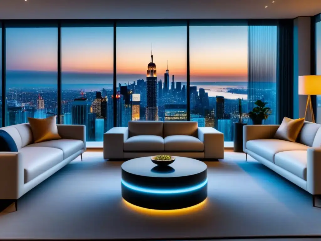 Sala de estar de lujo con tecnología inteligente integrada Salón de lujo con tecnología integrada, mobiliario contemporáneo y vista panorámica urbana, ideal para estrategias venta propiedad lujo