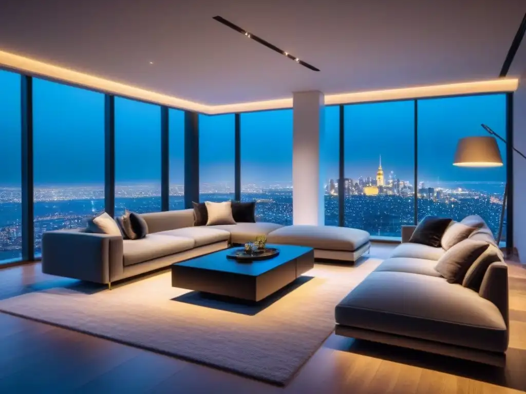 Salón de lujo inteligente con vista nocturna a la ciudad Salón de lujo con tecnología vanguardia, con vistas nocturnas de la ciudad