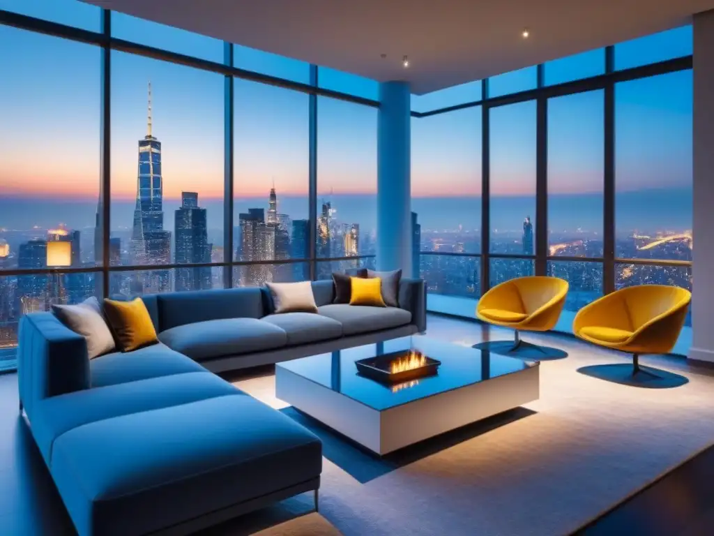 Elegante salón de penthouse con vista a la ciudad al atardecer Salón de lujo con vista a la ciudad al anochecer, mobiliario contemporáneo y elementos en azul y dorado