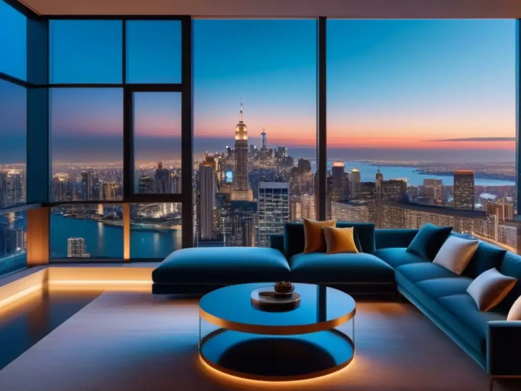Salón de lujo nocturno con vistas panorámicas a la ciudad en 8k Salón de lujo con vista panorámica nocturna de la ciudad, elegante y acogedor