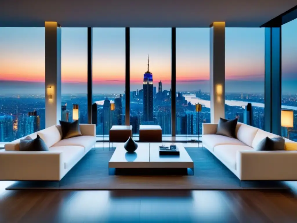Sala de estar moderna con vistas panorámicas a la ciudad Salón de lujo con vista panorámica a la ciudad, muebles contemporáneos y sistema de entretenimiento
