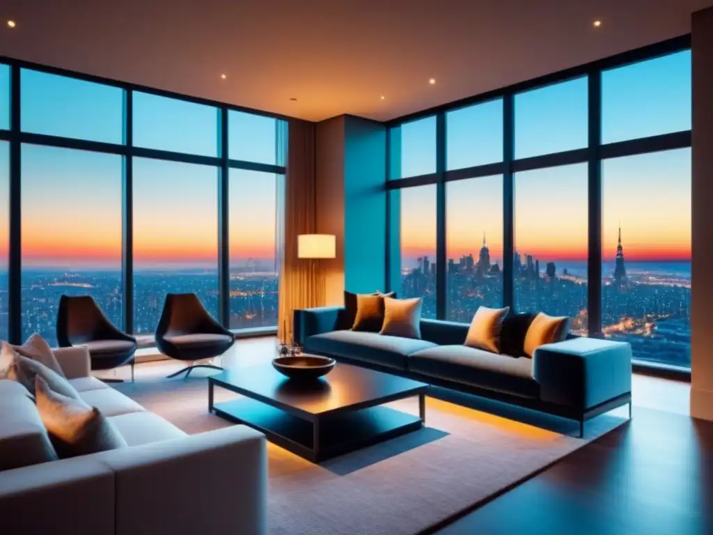 Sala de estar de lujo con vista panorámica y diseño contemporáneo Salón de lujo con vista panorámica a la ciudad al atardecer