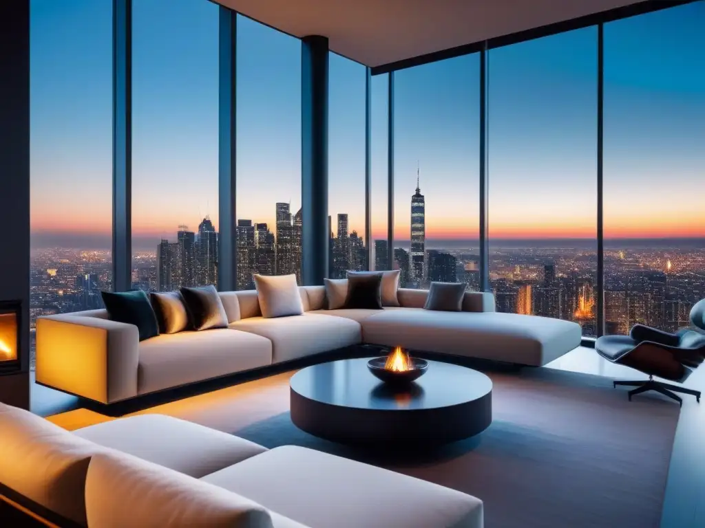 Salón de lujo con vista panorámica al atardecer Salón de lujo con vista urbana panorámica al anochecer