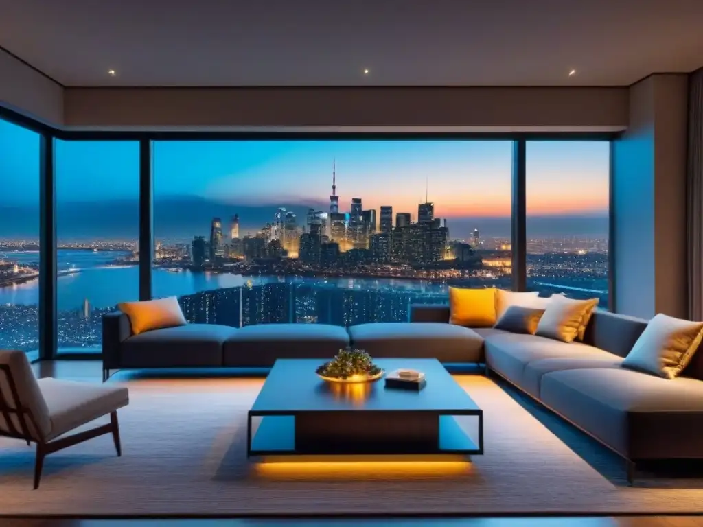 Espectacular sala de estar con vista nocturna de la ciudad Un salón de lujo con vistas a la ciudad de noche