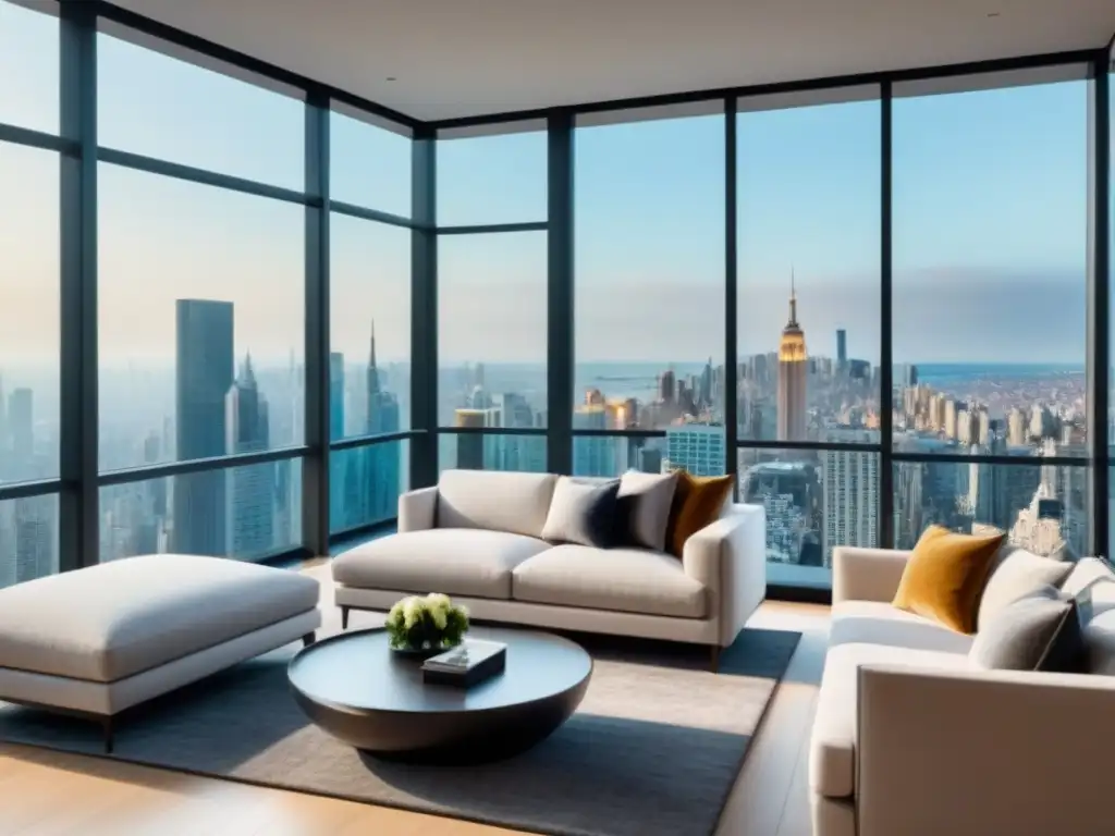 Sala de estar de lujo con vista a la ciudad: diseño moderno y elegante Salón de lujo con vistas a la ciudad, muebles contemporáneos y decoración elegante en tonos neutros y toques de color