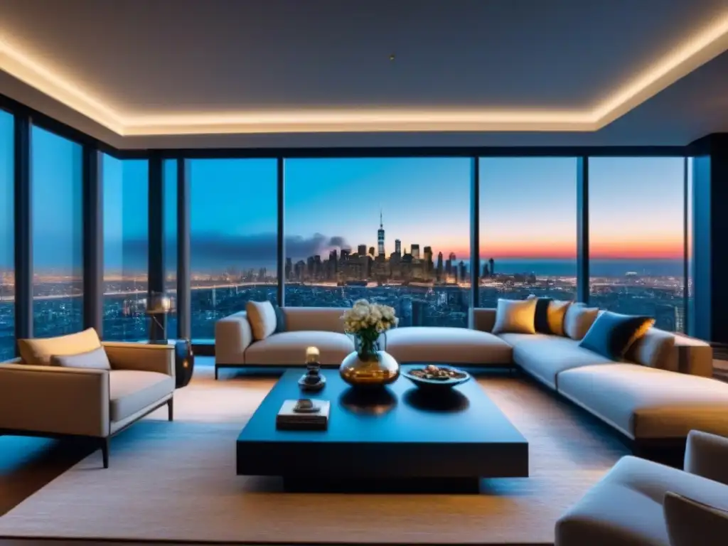 Sala de estar de lujo en apartamento de alto standing Salón lujoso en un apartamento de alto standing con vista a la ciudad, ideal para financiamiento residencial para inversores