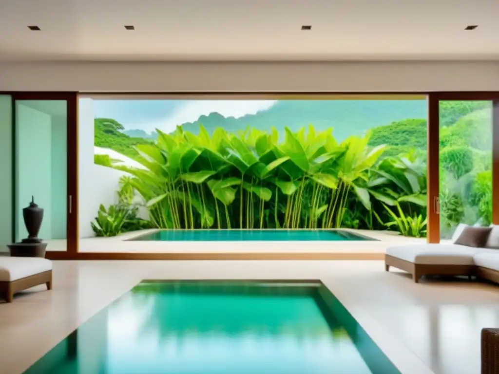 Salón de lujo en resort tropical con piscina cristalina Salón lujoso en complejo tropical con mobiliario elegante, ventanales a piscina cristalina y exuberante vegetación