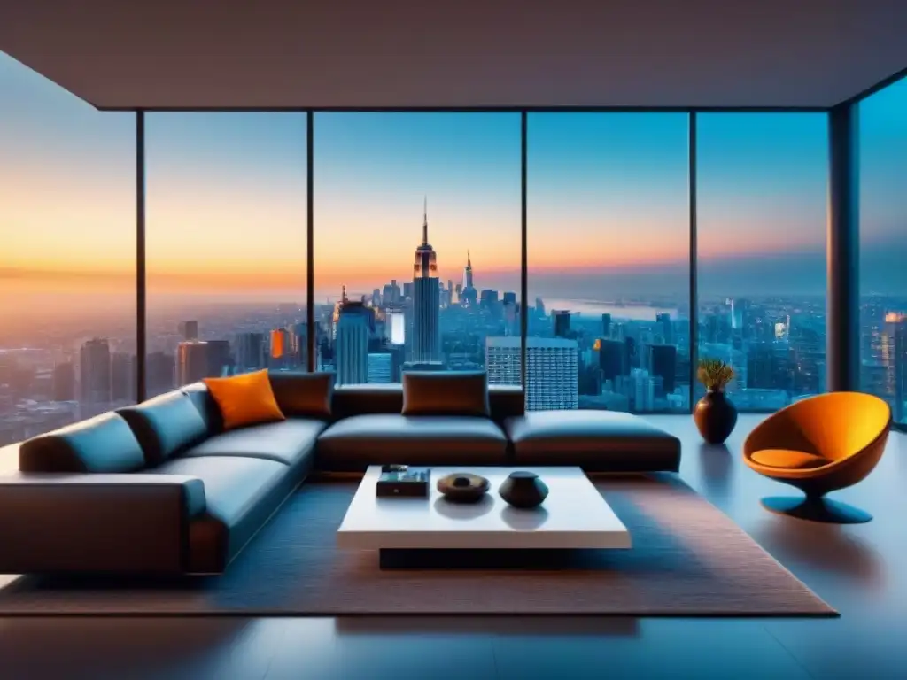 Salón de lujo inteligente con vista a la ciudad Salón lujoso y moderno en casa inteligente con tecnología avanzada, vista urbana nocturna