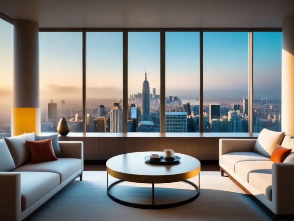 Sofisticada sala de estar con decoración elegante en Airbnb Salón lujoso y moderno con decoración elegante, sofá acogedor y vista a la ciudad