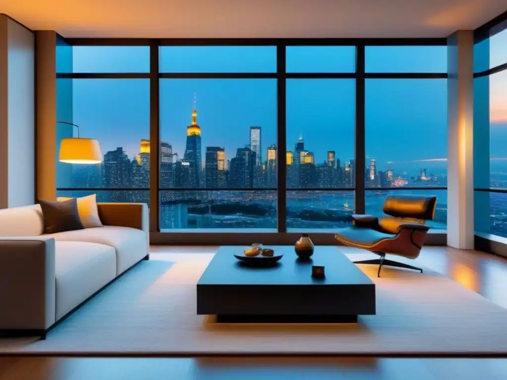 Salón moderno de lujo con vista urbana al atardecer Salón lujoso y moderno con vista urbana al atardecer, diseño minimalista y tonos neutros