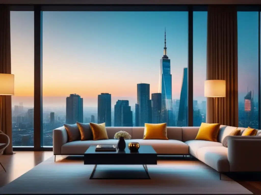 Salón de lujo con vista panorámica al atardecer Salón lujoso con vista a la ciudad al atardecer, exudando sofisticación y éxito con detalles financieros
