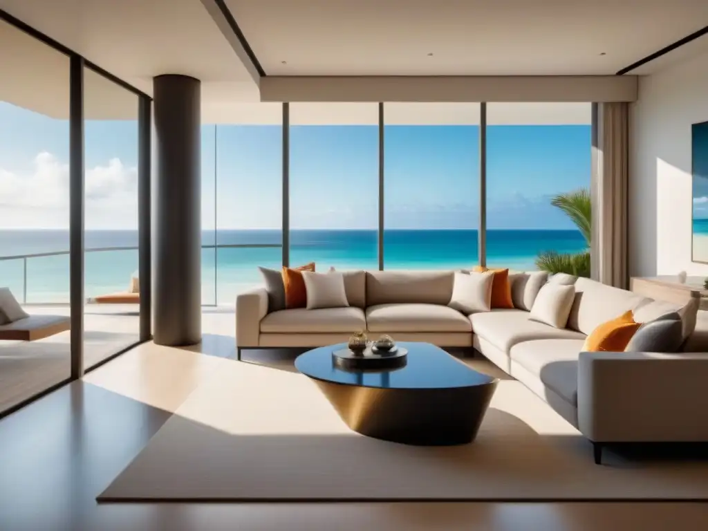 Sala de estar de lujo con vista a la playa: negociación de tiempos compartidos Salón lujoso con vista a la playa, decoración moderna y técnicas persuasión compradores tiempo compartido