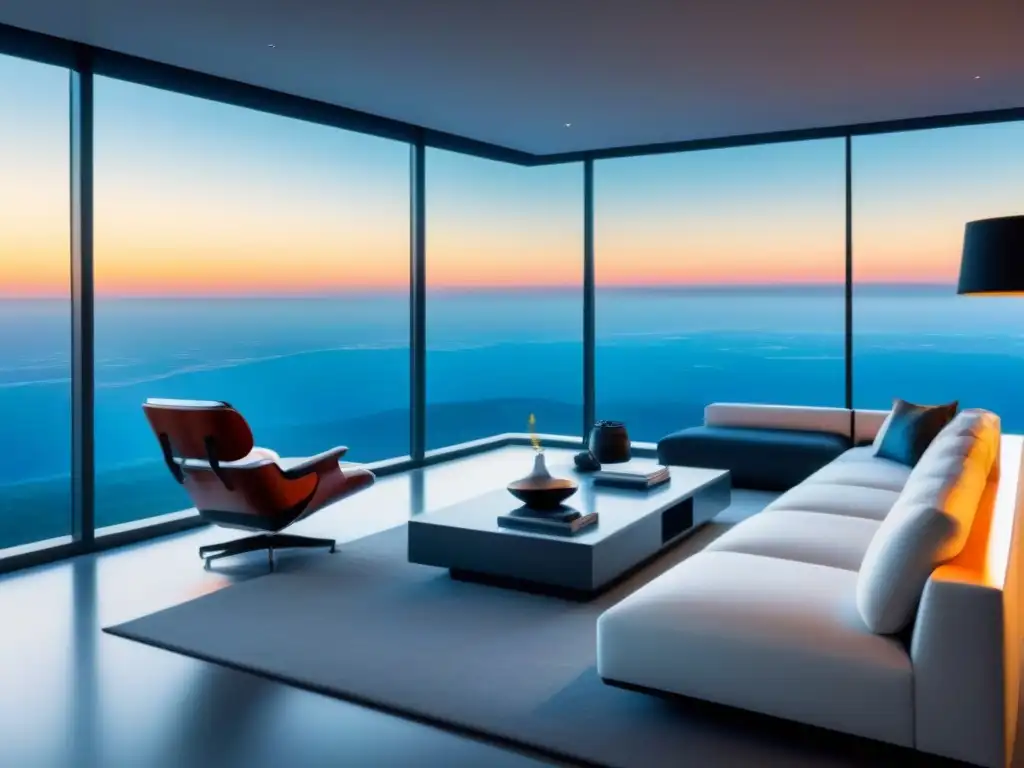 Sala de estar ultramoderna en mansión inteligente con tecnología de vanguardia y vistas panorámicas Salón de mansiones inteligentes con diseño futurista y tecnología de vanguardia, vistas impresionantes y paleta de colores sofisticada