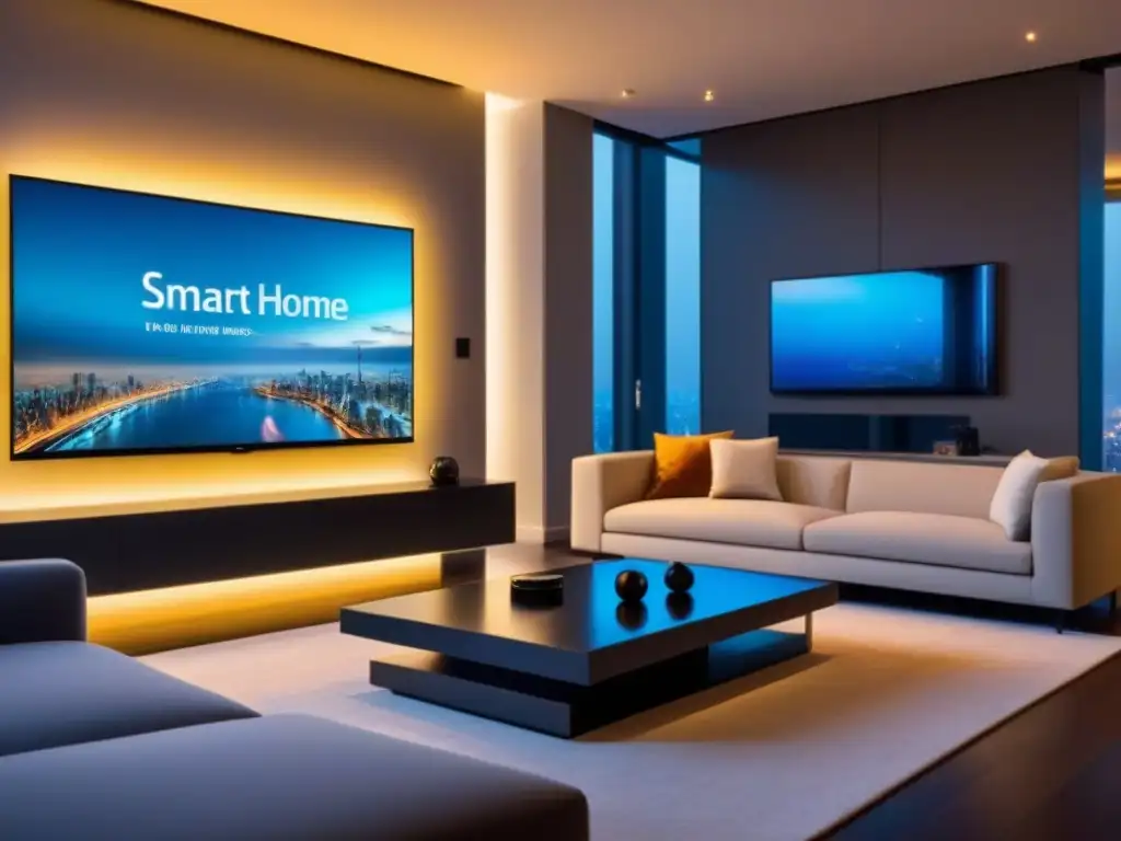 Salón inteligente minimalista con TV y vistas urbanas Salón minimalista en un hogar inteligente con TV y tecnología de vanguardia, iluminación y mobiliario high-tech