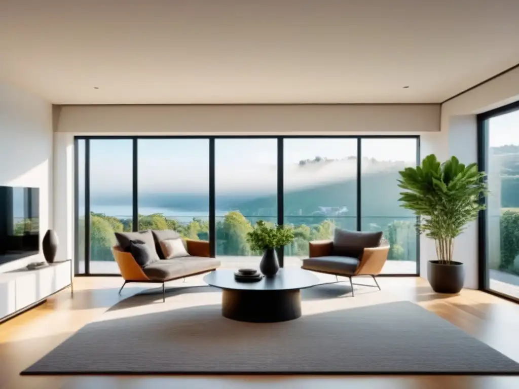 Salón moderno con arte contemporáneo, plantas verdes y luz natural