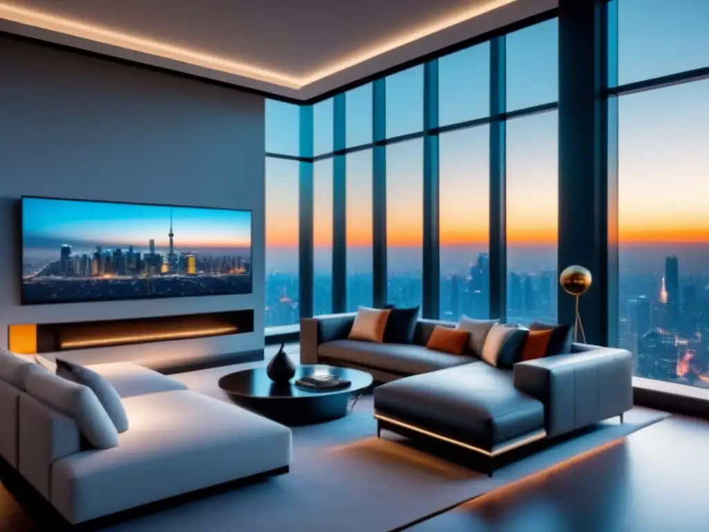 Salón futurista de lujo con tecnología smart home Un salón moderno en una casa inteligente con iluminación por voz, cortinas automáticas y sistema de entretenimiento vanguardista
