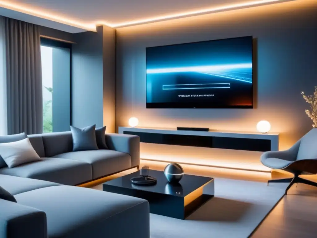 Salón moderno en casa inteligente con tecnología de vanguardia Salón moderno en casa inteligente con luces y cortinas automatizadas, sistema de entretenimiento de última generación y panel de control digital