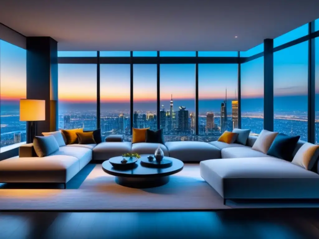 Salón inteligente y moderno con tecnología de vanguardia Salón moderno de casa inteligente con vistas a la ciudad y tecnología de vanguardia