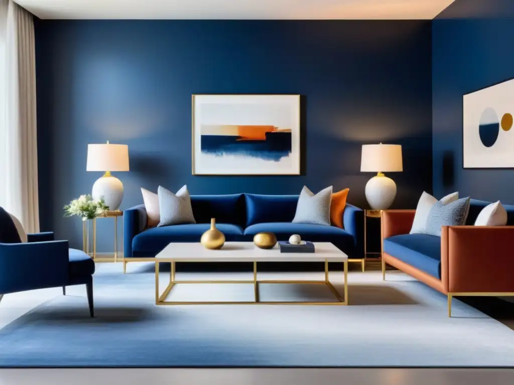 Salón moderno: azules profundos, terracota cálido y toques de oro elegantes Salón moderno con colores sofisticados para aumentar valor de la propiedad