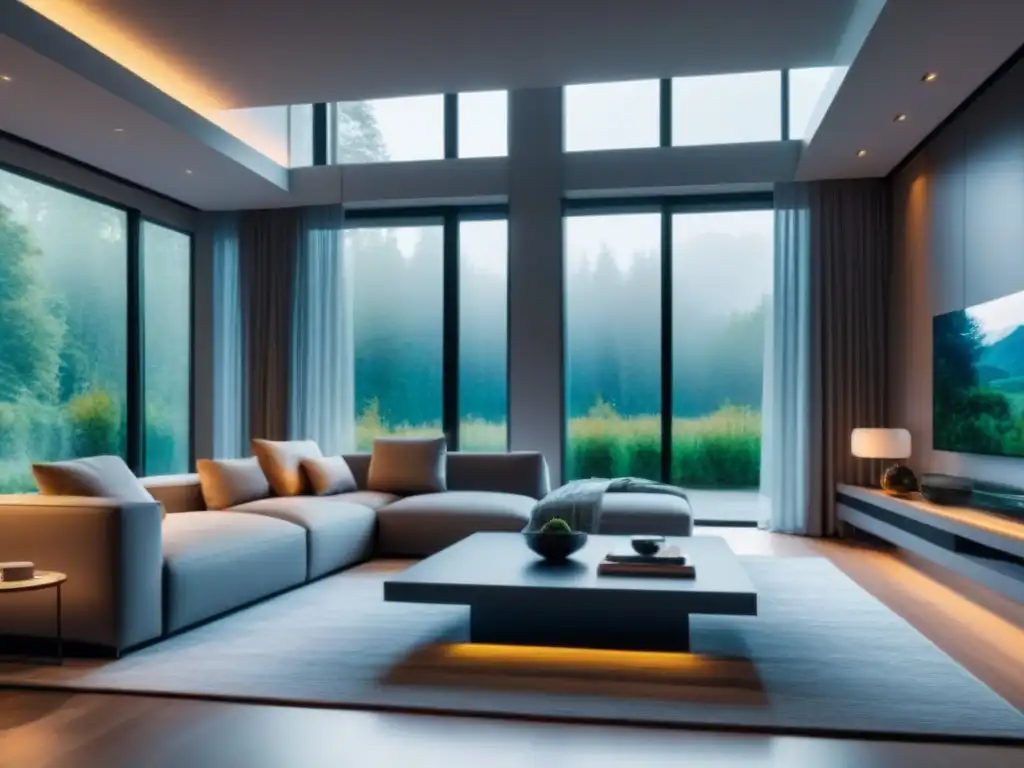 Salón moderno en casa inteligente con tecnología avanzada y diseño elegante Salón moderno y elegante en una casa inteligente con tecnología de vanguardia