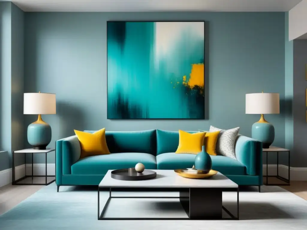 Salón moderno en tonos neutros con toques de teal y mostaza Un salón moderno y elegante con colores para aumentar valor propiedad