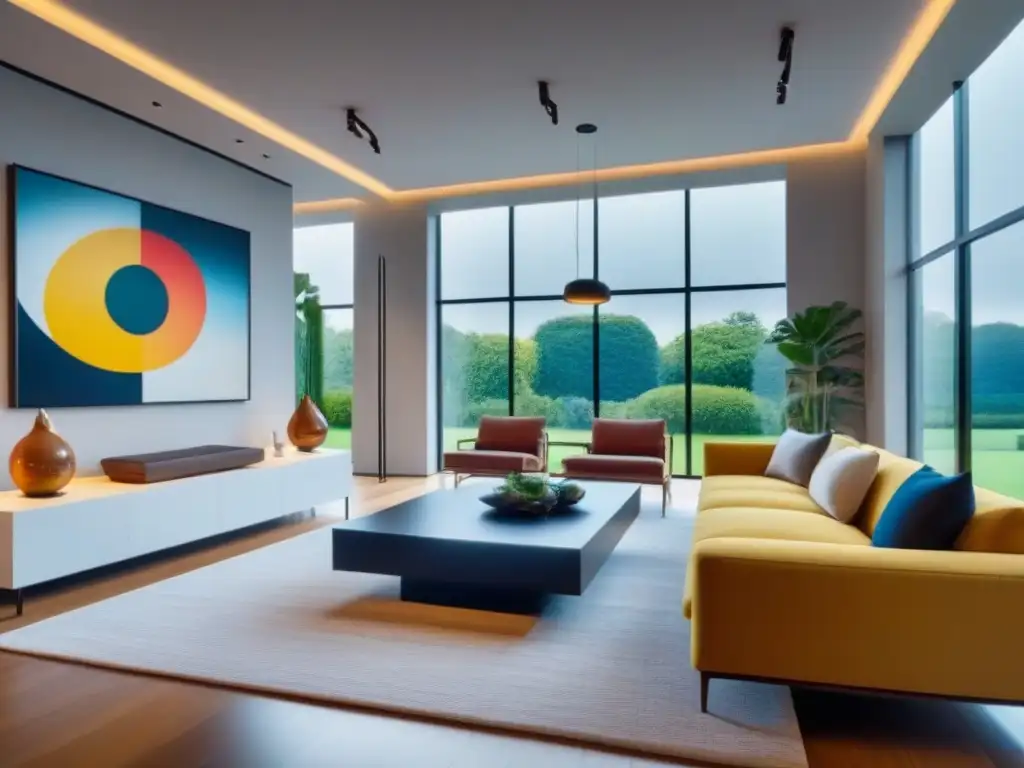 Salón moderno con galería de arte privada y colección contemporánea Salón moderno con galería de arte privada, obras contemporáneas y muebles minimalistas