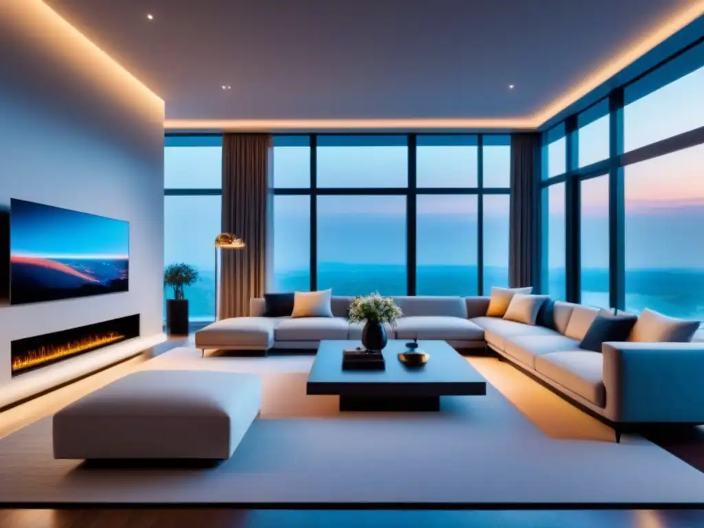 Sala inteligente y futurista: tecnología y diseño en armonía Salón moderno en hogar inteligente con tecnología avanzada y diseño futurista