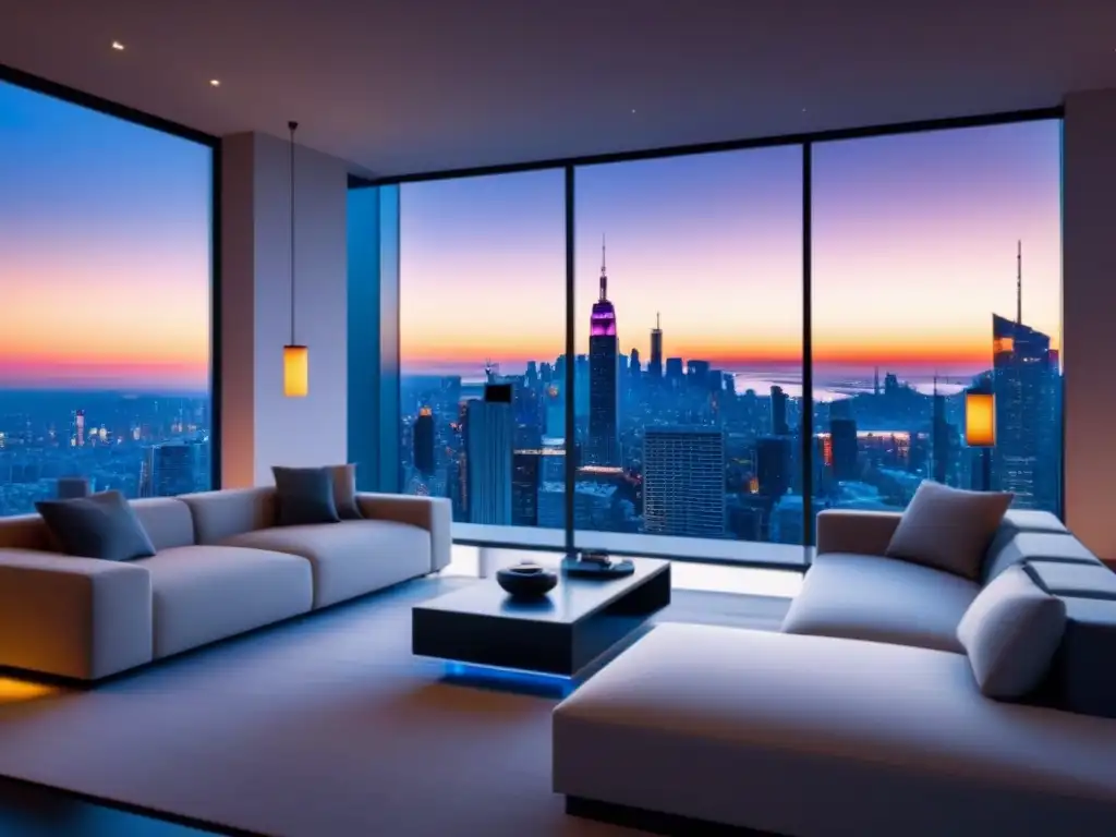 Sala inteligente con vista a la ciudad futurista Un salón moderno en un hogar inteligente con vista a la ciudad al atardecer, ideal para Inversores Smart Homes historias
