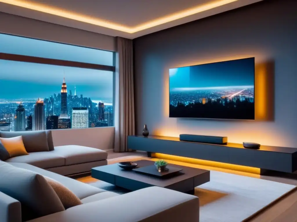 Salón hightech y acogedor en casa inteligente Salón moderno en hogar inteligente con decoración minimalista y vista nocturna de ciudad futurista