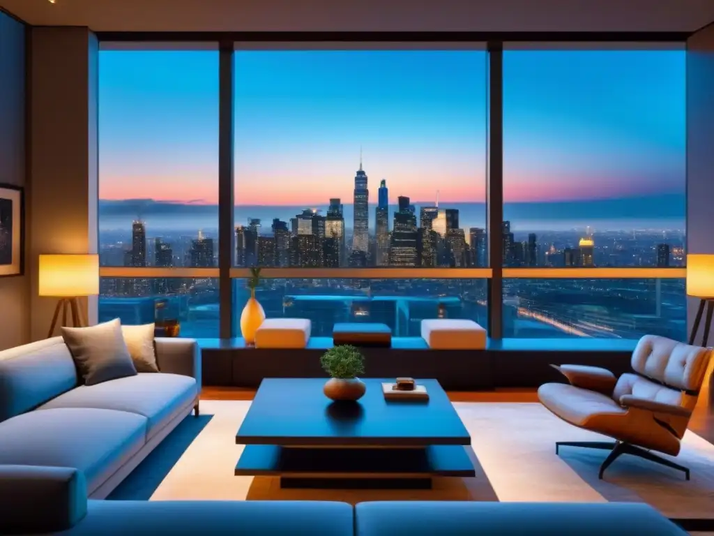 Salón de lujo con vista a la ciudad al atardecer Un salón moderno de lujo en un apartamento de gran altura con vista a la bulliciosa ciudad al anochecer