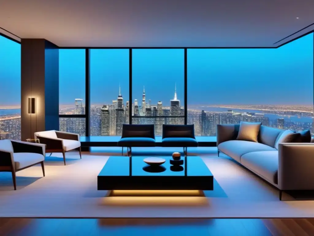 Salón de lujo con tecnología inteligente en apartamento de altura Un salón moderno de lujo en un apartamento de gran altura con dispositivos inteligentes integrados