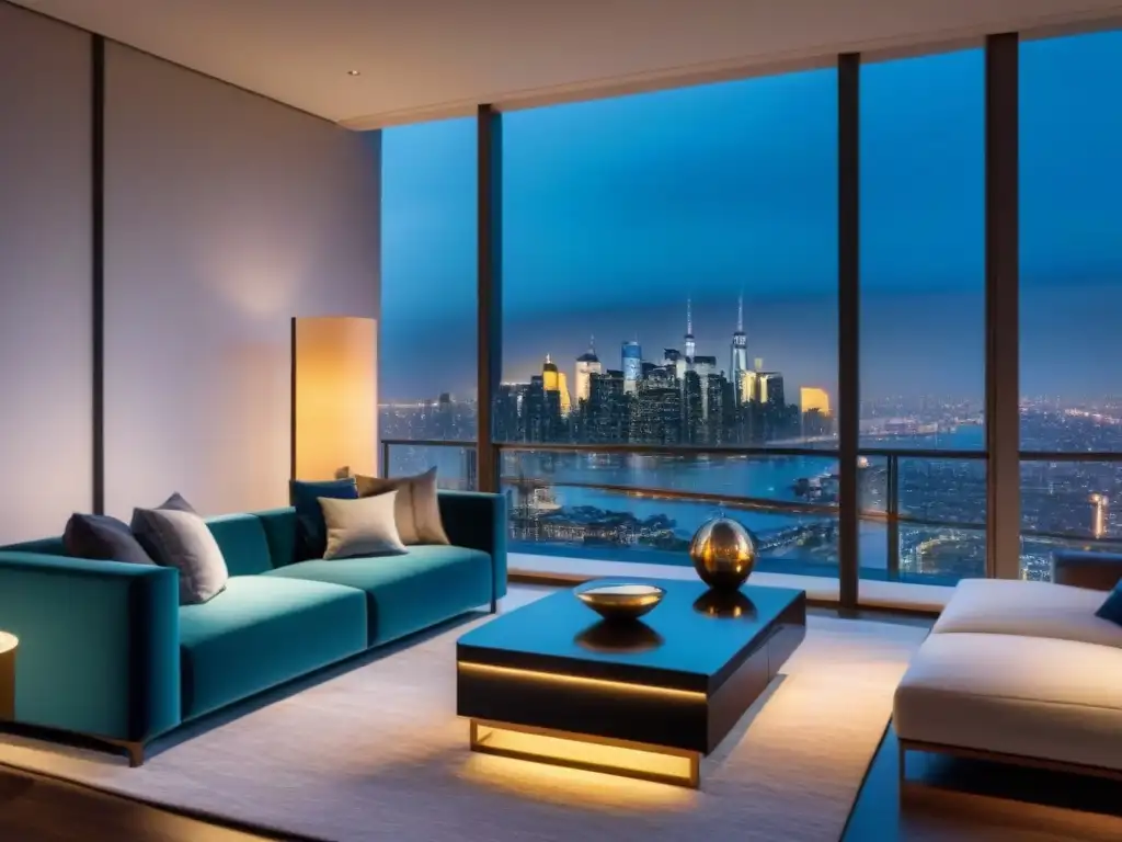 Salón de lujo en piso alto con vista panorámica nocturna Salón moderno de lujo en apartamento de gran altura con vista urbana nocturna