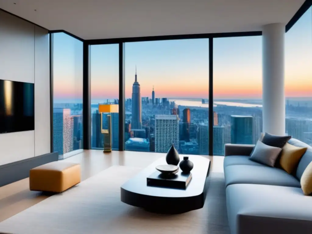 Sofisticado salón de lujo con vistas panorámicas en apartamento de altura Salón moderno de lujo en apartamento con vistas a la ciudad, amueblado elegantemente, ideal para estrategias marketing contenido bienes raíces