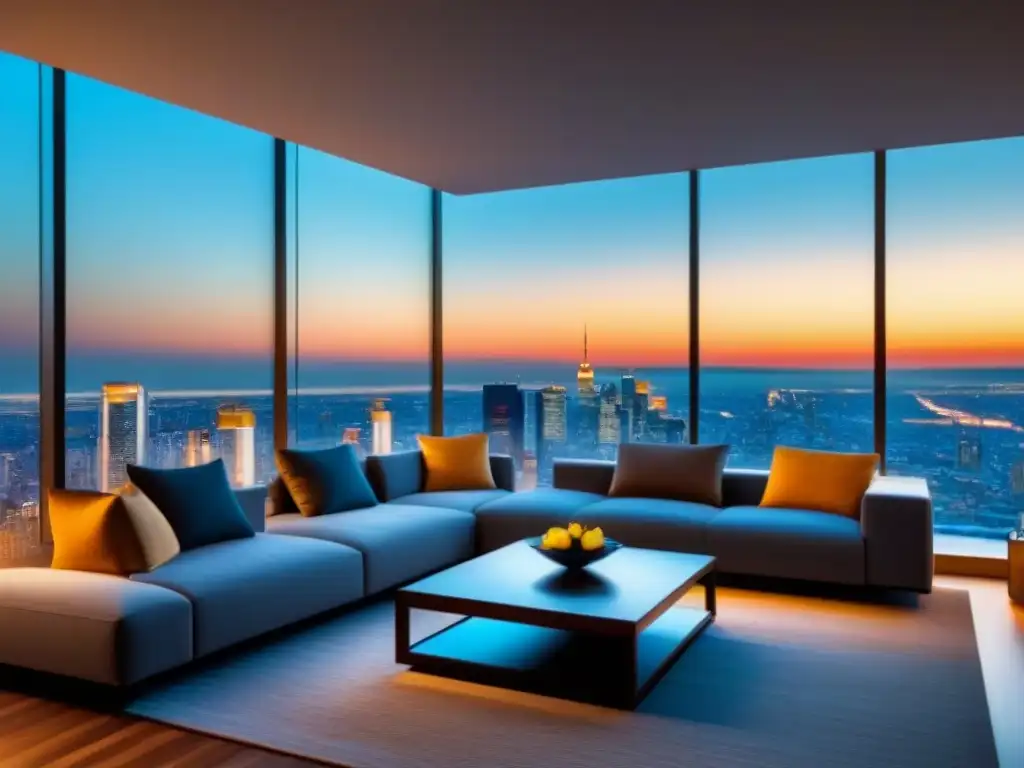 Salón de lujo en rascacielos con vista panorámica urbana Salón moderno de lujo en apartamento alto con vista a la ciudad