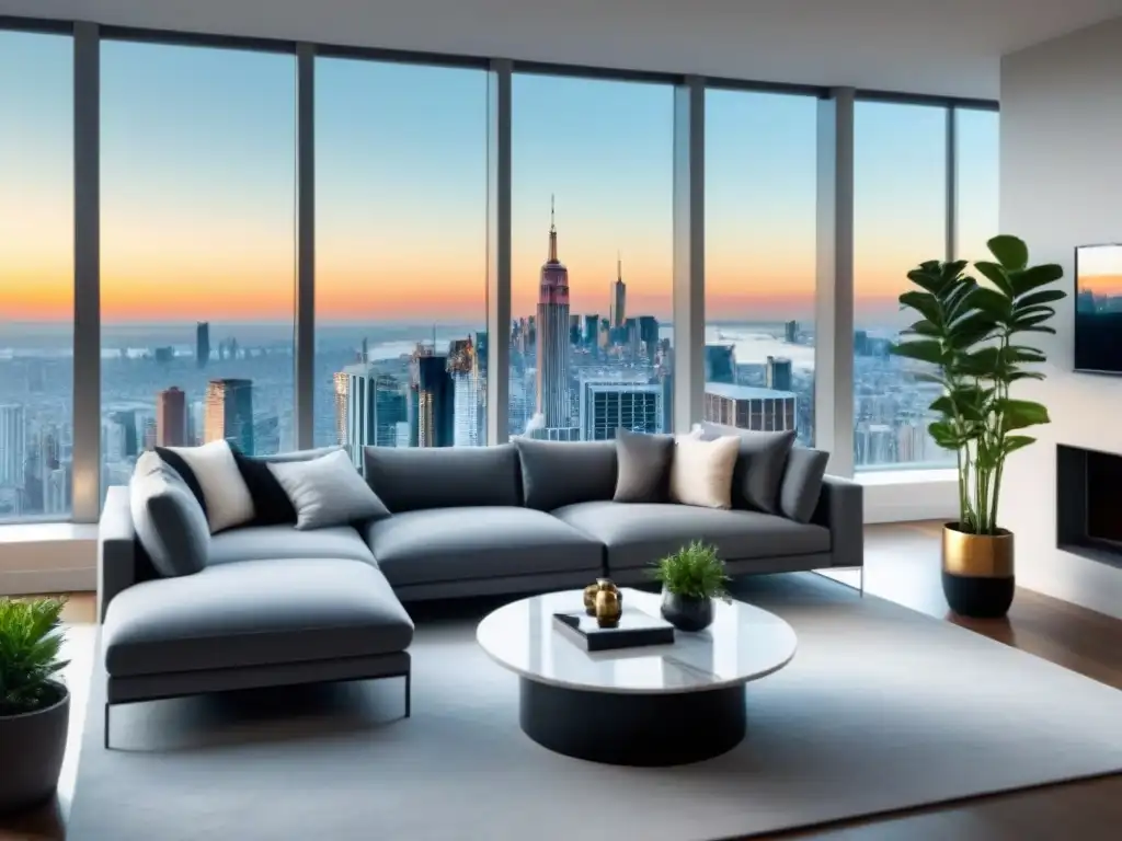 Sala de estar de lujo con vista panorámica en apartamento de lujo Un salón moderno de lujo en un apartamento de gran altura con vista a la ciudad