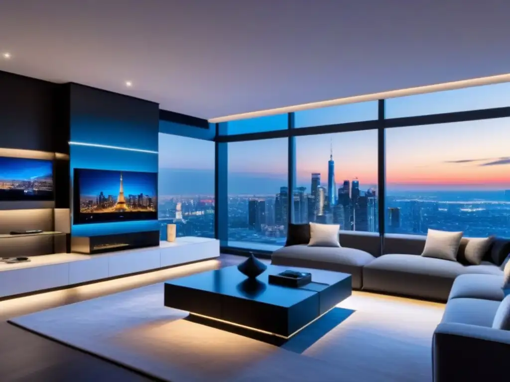 Salón de lujo con automatización inteligente y vistas nocturnas Salón moderno de lujo con automatización de propiedades internacionales 2023, iluminación controlada por voz y ambiente acogedor