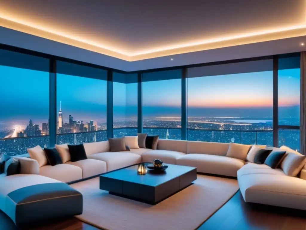 Salón de lujo en casa inteligente con vista nocturna de la ciudad Un salón moderno de lujo en una casa inteligente con diseño minimalista y tecnología de vanguardia, con vistas a la ciudad de noche